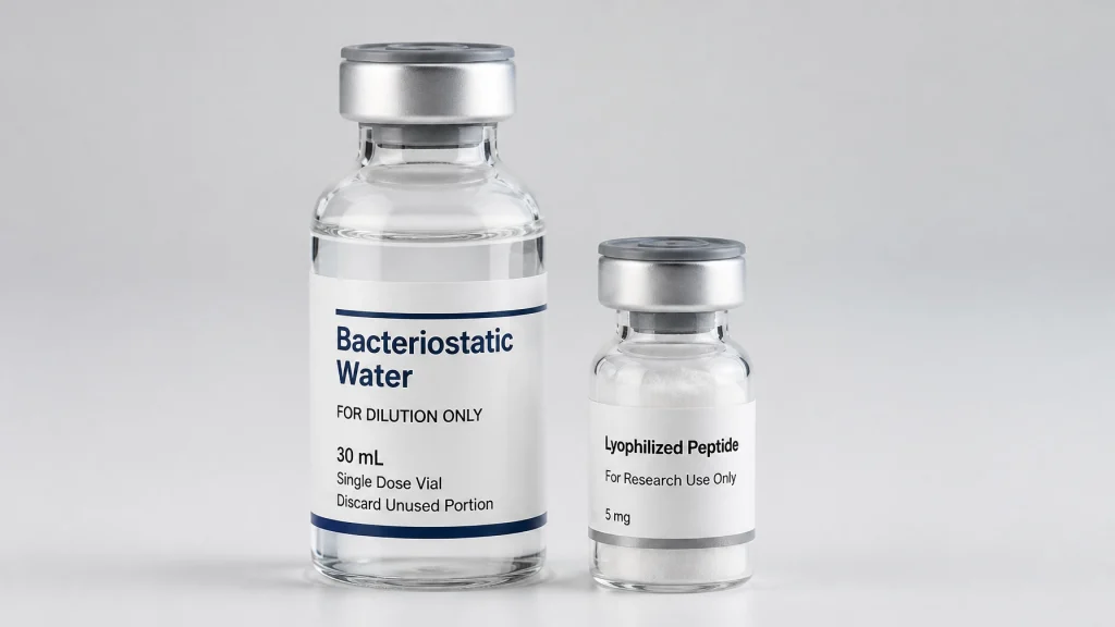 Vials of bacteriostatic water and lyophilized peptide for research use, emphasizing peptide stability and storage.