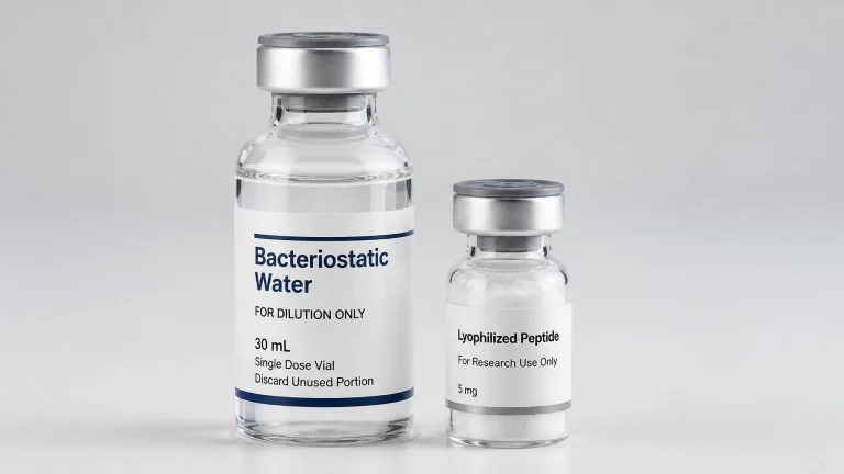 Vials of bacteriostatic water and lyophilized peptide for research use, emphasizing peptide stability and storage.