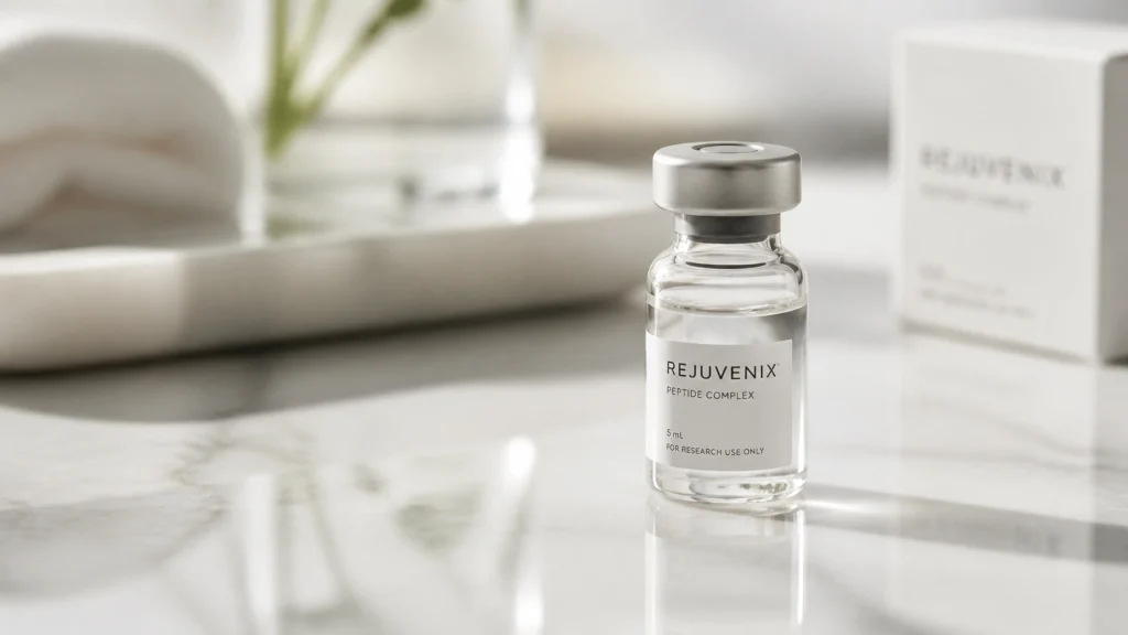 Close-up of a Rejuvenix Peptide Complex vial labeled for research use only, placed on a reflective surface with a soft-focus background, emphasizing peptide research and dosage strategies.