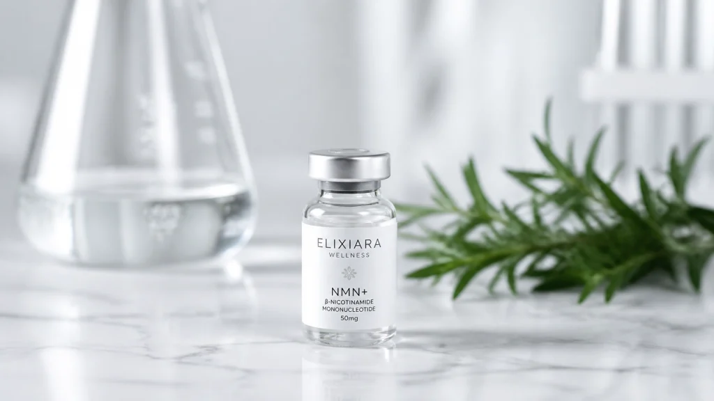 A small vial labeled 'Elixiara Wellness NMN+' with 'β-Nicotinamide Mononucleotide 50mg' on a marble surface, accompanied by a green sprig and a laboratory flask in the background, suggesting a focus on scientific research and wellness products.