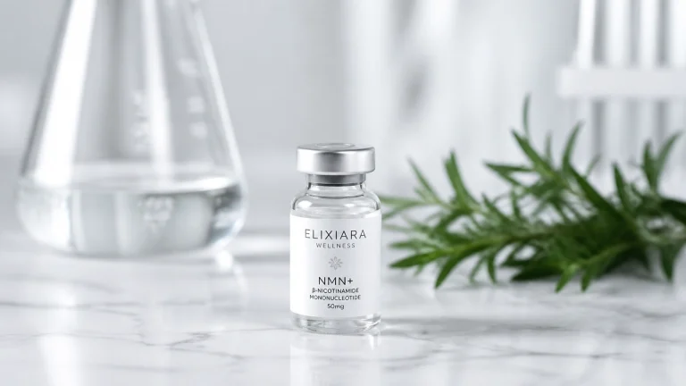 A small vial labeled 'Elixiara Wellness NMN+' with 'β-Nicotinamide Mononucleotide 50mg' on a marble surface, accompanied by a green sprig and a laboratory flask in the background, suggesting a focus on scientific research and wellness products.