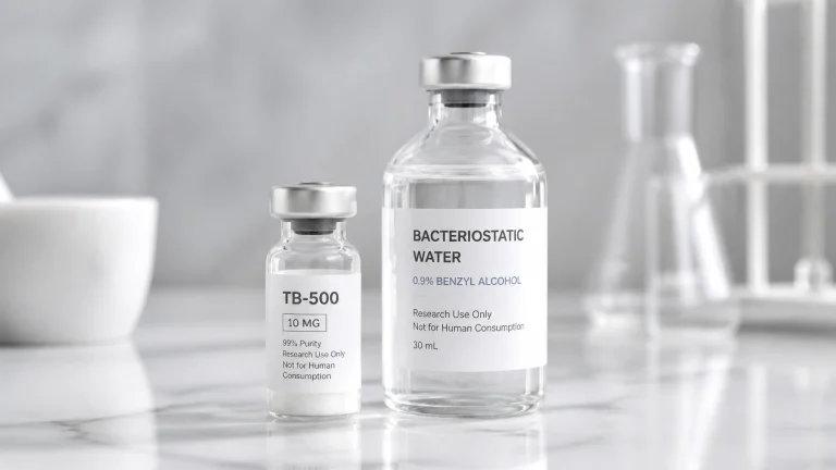 TB-500 research peptide vial and bacteriostatic water for reconstitution against a laboratory background, emphasizing proper peptide storage and handling.
