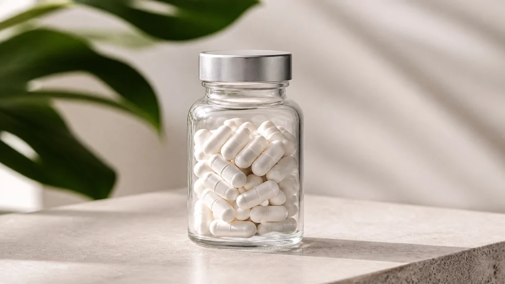 Glass jar filled with white capsules for leaky gut and inflammation relief placed on a marble surface with a plant in the background, 2026.