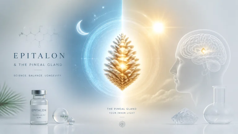 Illustration of Epitalon and its benefits for the pineal gland and aging. Shows a pinecone symbolizing the pineal gland, split by sun and moon, representing balance. Includes a vial labeled 'Epitalon', emphasizing science and longevity.