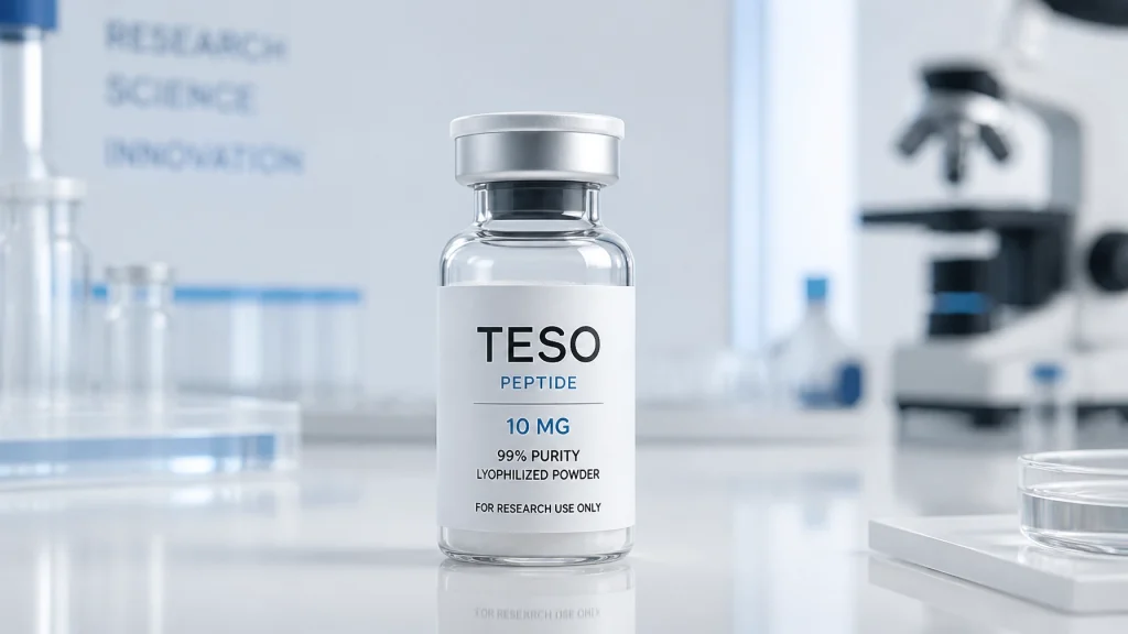 Vial labeled 'TESO Peptide 10 mg 99% Purity Lyophilized Powder' in a laboratory setting, suggesting research and innovation in metabolic health supplements.