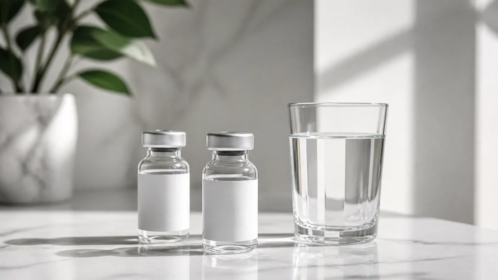 Two small glass vials with blank labels and silver caps on a marble surface beside a filled glass of water, with a green plant in the background. Representing 5-Amino-1MQ and Injectable L-Carnitine for metabolism boosting.