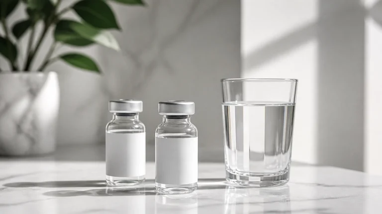 Two small glass vials with blank labels and silver caps on a marble surface beside a filled glass of water, with a green plant in the background. Representing 5-Amino-1MQ and Injectable L-Carnitine for metabolism boosting.