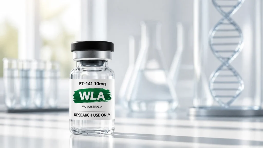 PT-141 research peptide vial labeled 'WLA PT-141 10mg, WL Australia, Research Use Only' on a laboratory bench with blurred glassware in the background, suggesting its use in scientific studies and libido enhancement.