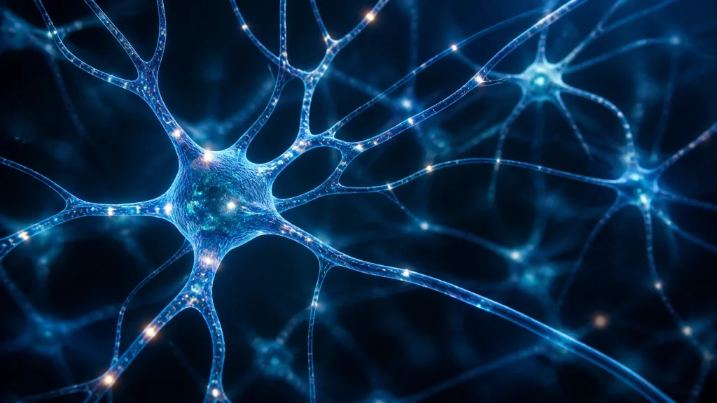 Illustration of glowing neuron structures representing neurogenesis in the brain, related to the P21 peptide's potential in brain rebirth.