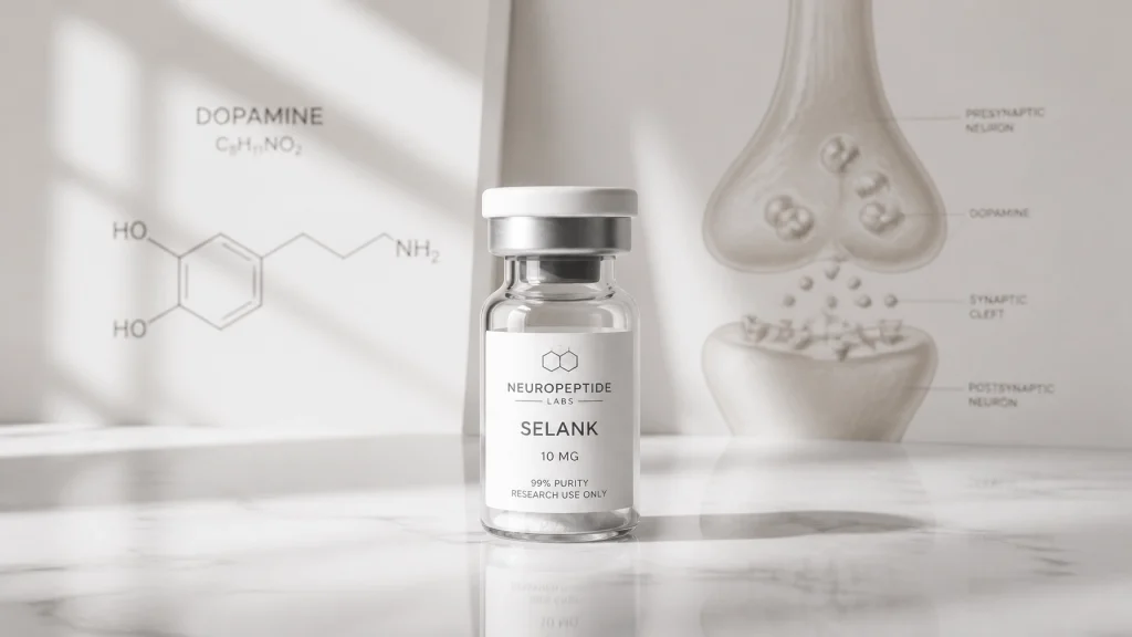 Clear glass vial labeled 'Neuropeptide Labs Selank 10 mg', displayed on a marble surface with a diagrammatic background showing dopamine molecule structure, illustrating research peptide context for neuroprotection.
