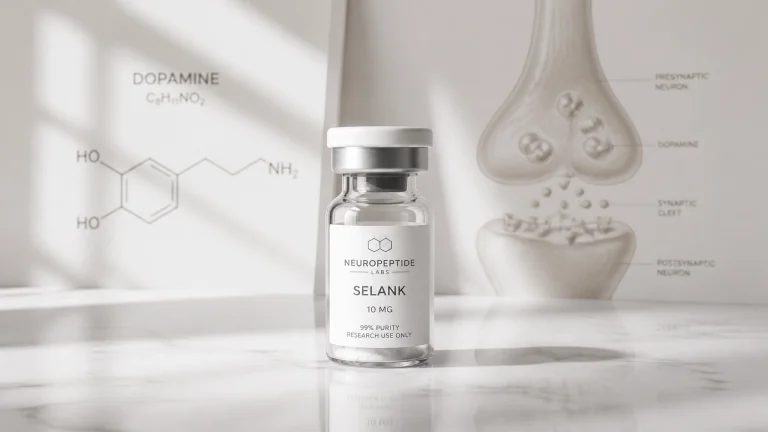 Clear glass vial labeled 'Neuropeptide Labs Selank 10 mg', displayed on a marble surface with a diagrammatic background showing dopamine molecule structure, illustrating research peptide context for neuroprotection.