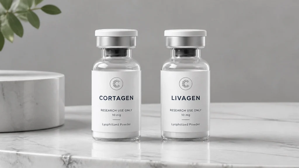 Image of two vials labeled 'Cortagen' and 'Livagen' for research use only, positioned on a marble surface. The vials contain 10 mg of lyophilized powder, related to DNA-targeted bioregulation and cellular reset research.