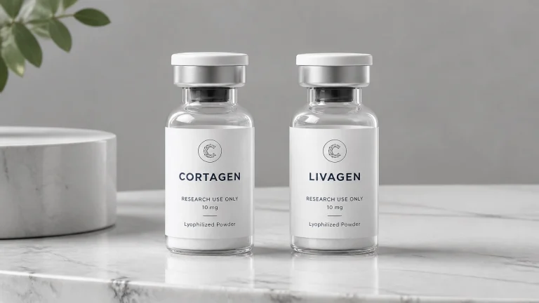 Image of two vials labeled 'Cortagen' and 'Livagen' for research use only, positioned on a marble surface. The vials contain 10 mg of lyophilized powder, related to DNA-targeted bioregulation and cellular reset research.