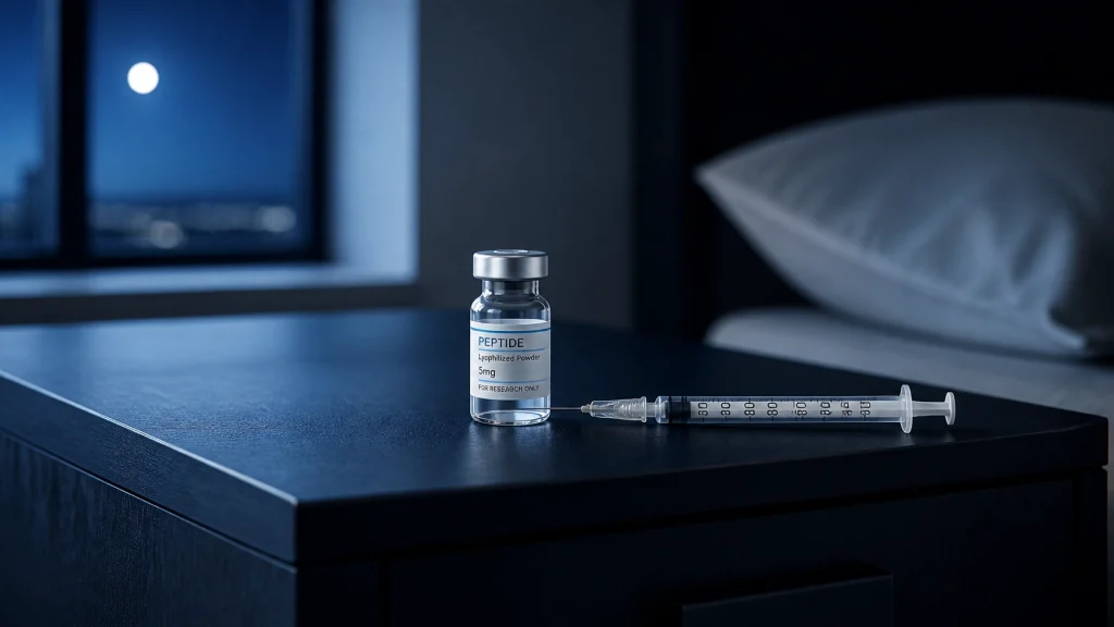 Vial of peptide lyophilized powder labeled '5mg' and a syringe on a bedside table at night with the moon visible through a window, emphasizing circadian rhythm's role in peptide timing and recovery.