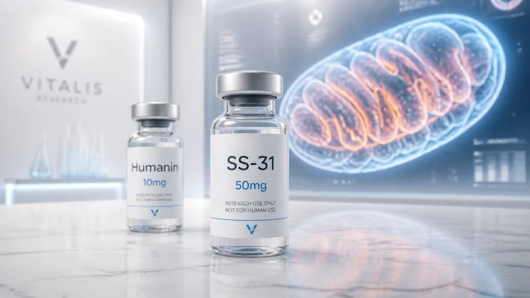 Vials of Humanin 10mg and SS-31 50mg mitochondrial peptides from Vitalis Research, used for longevity research, displayed on a laboratory table. Background shows a detailed image of a mitochondrion.