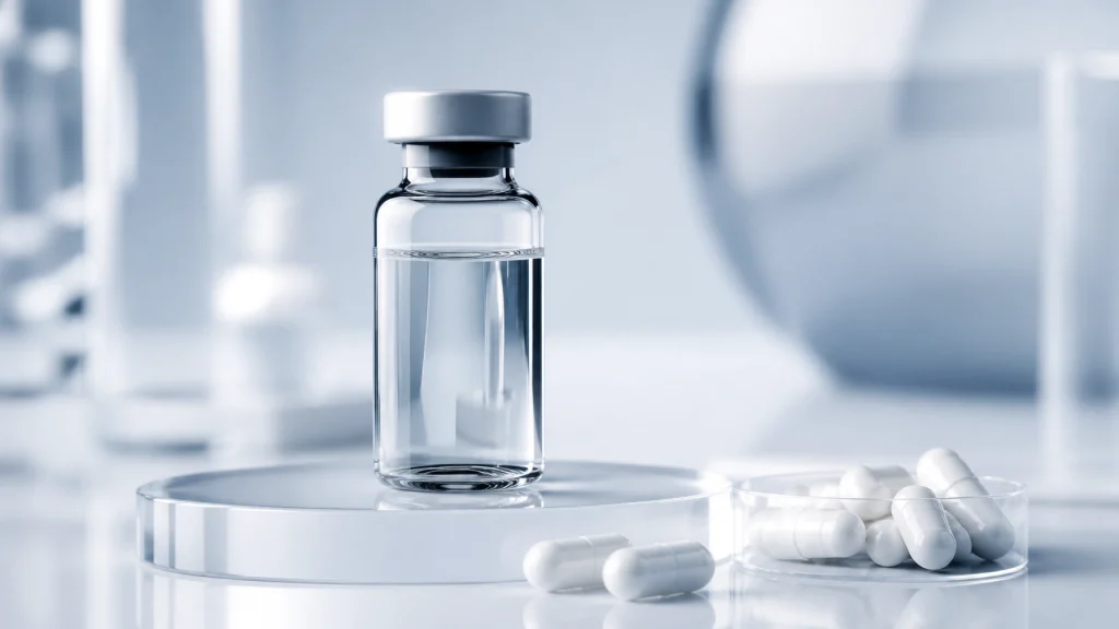 Glass vial with transparent liquid and white capsules on a reflective surface, related to longevity research and Exercise Mimetic Stack with ATX-304.