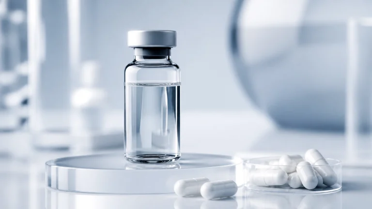 Glass vial with transparent liquid and white capsules on a reflective surface, related to longevity research and Exercise Mimetic Stack with ATX-304.