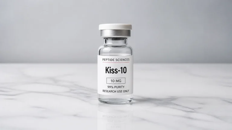 Vial of Kiss-10 peptide by Peptide Sciences, labeled for research use only, 10 mg 99% purity, on a marble surface.