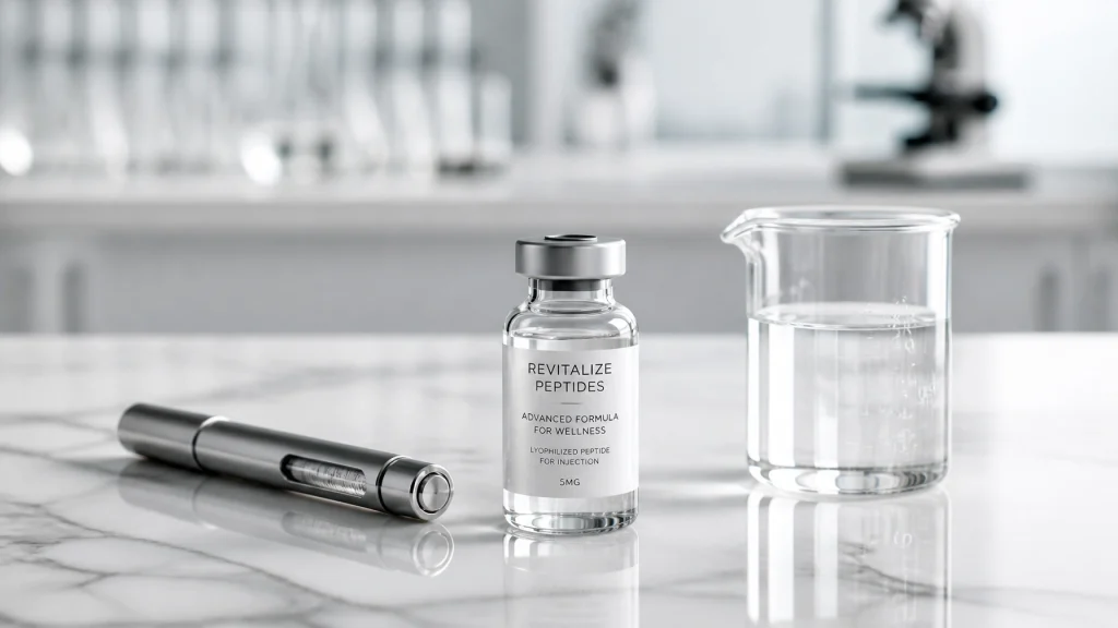 A glass vial labeled 'Revitalize Peptides' and a pen-like device on a marble surface in a laboratory setting, with a beaker of clear liquid nearby. Keywords: peptides, body recomposition, scientific research, wellness, advanced formula.