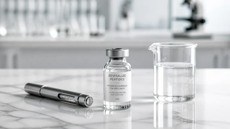 A glass vial labeled 'Revitalize Peptides' and a pen-like device on a marble surface in a laboratory setting, with a beaker of clear liquid nearby. Keywords: peptides, body recomposition, scientific research, wellness, advanced formula.