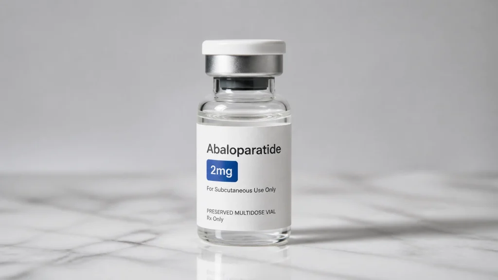 Vial labeled 'Abaloparatide 2mg for Subcutaneous Use Only' on a marble surface, used in bone fracture prevention research in Australia.
