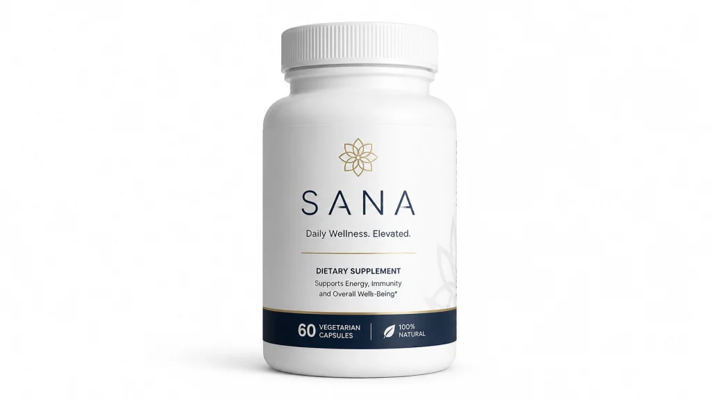 A white bottle of SANA dietary supplement, labeled 'Daily Wellness. Elevated.' The bottle contains 60 vegetarian capsules and is 100% natural, aimed at supporting energy, immunity, and overall well-being as part of an advanced fat loss protocol.