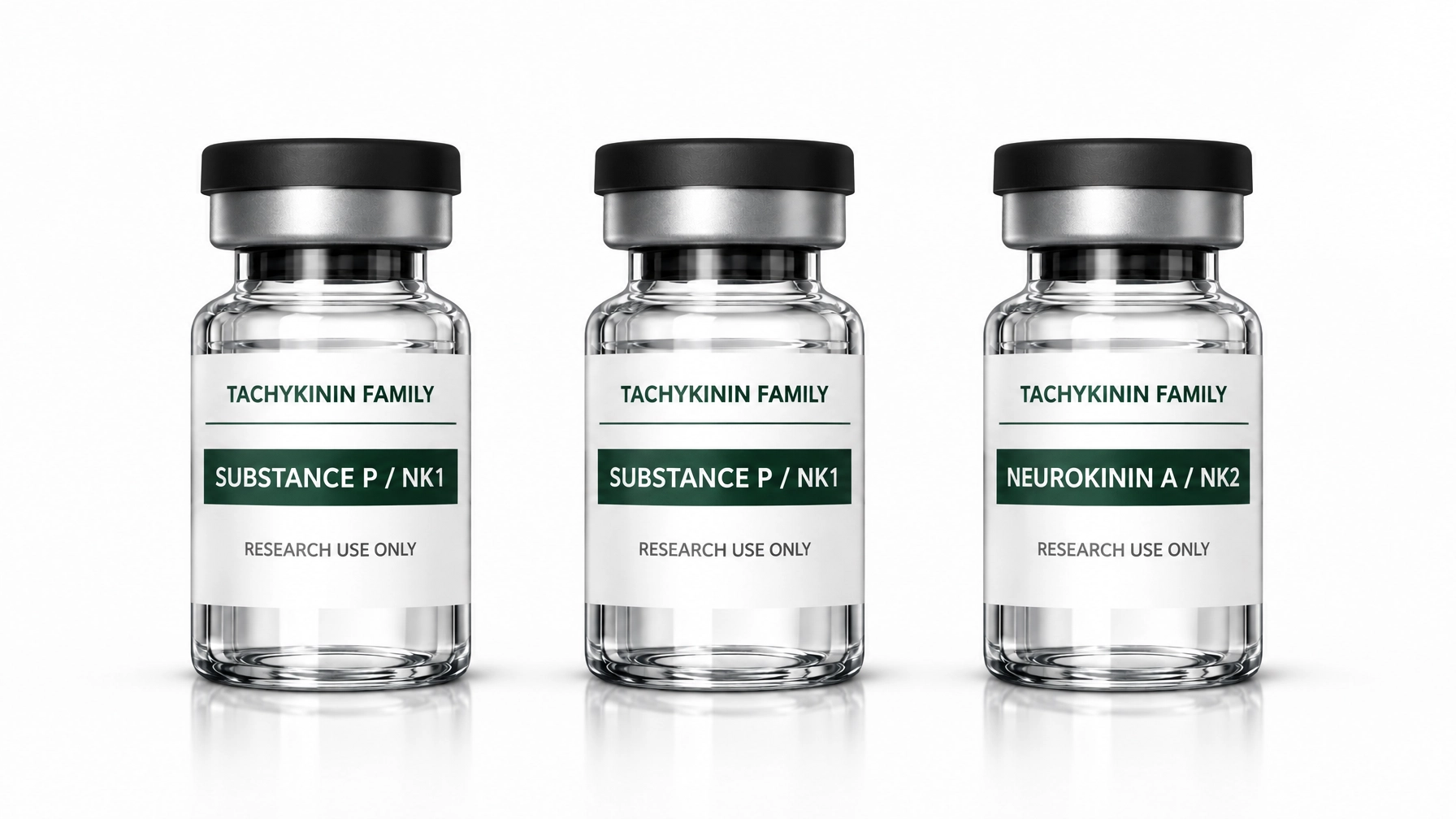 Conceptual tachykinin family research vials showing substance P and Neurokinin A receptor preferences
