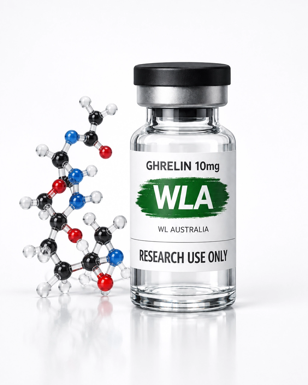 Ghrelin research vial with a clean molecular research presentation
