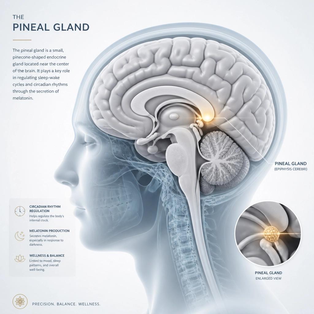 A clean, medical-grade scientific illustration of the human brain with the pineal gland highlighted in a golden glow.