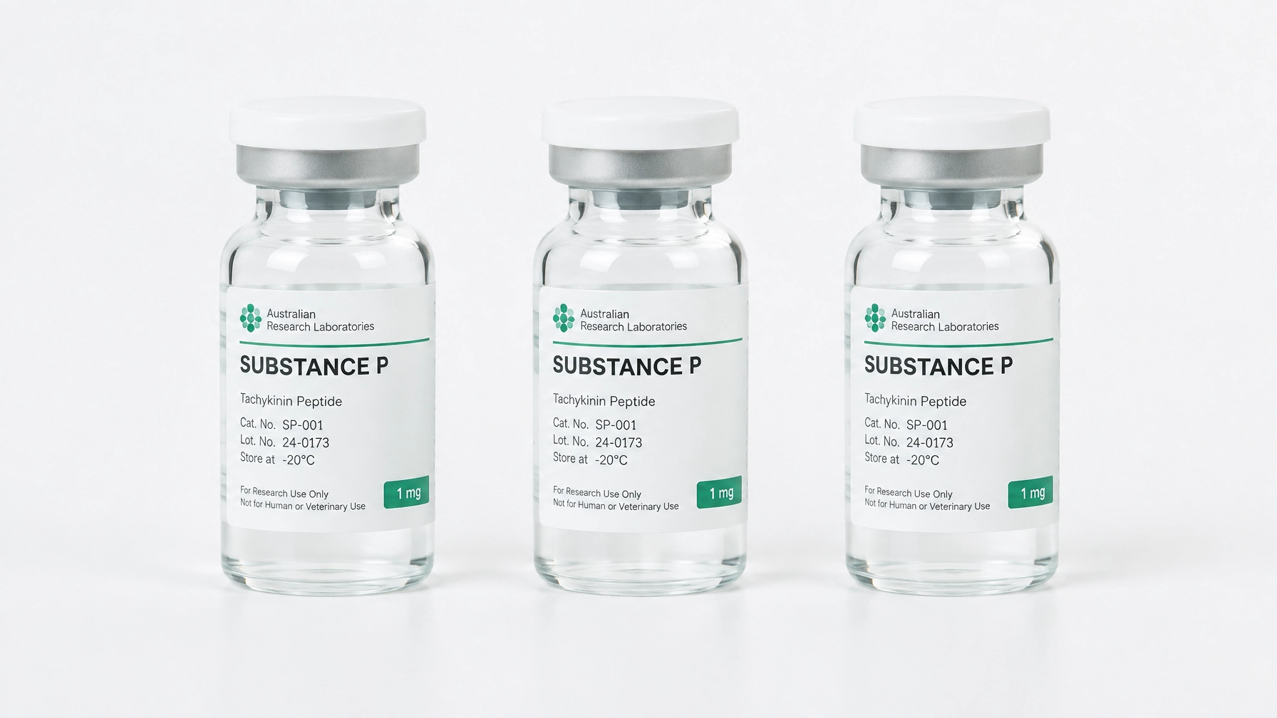 Three sealed Substance P research vials arranged on a clean white background