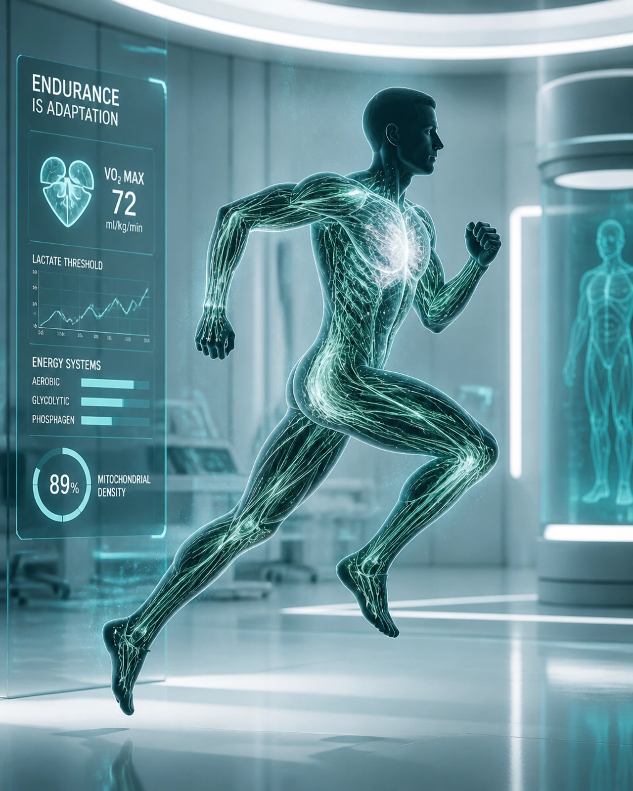 Futuristic Runner Highlighting Metabolic Energy Paths