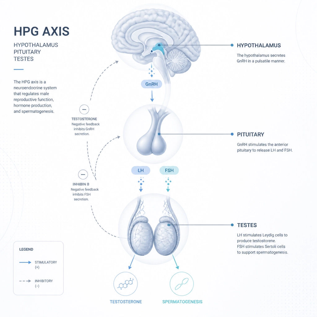 A minimalist and sophisticated scientific illustration of the HPG axis