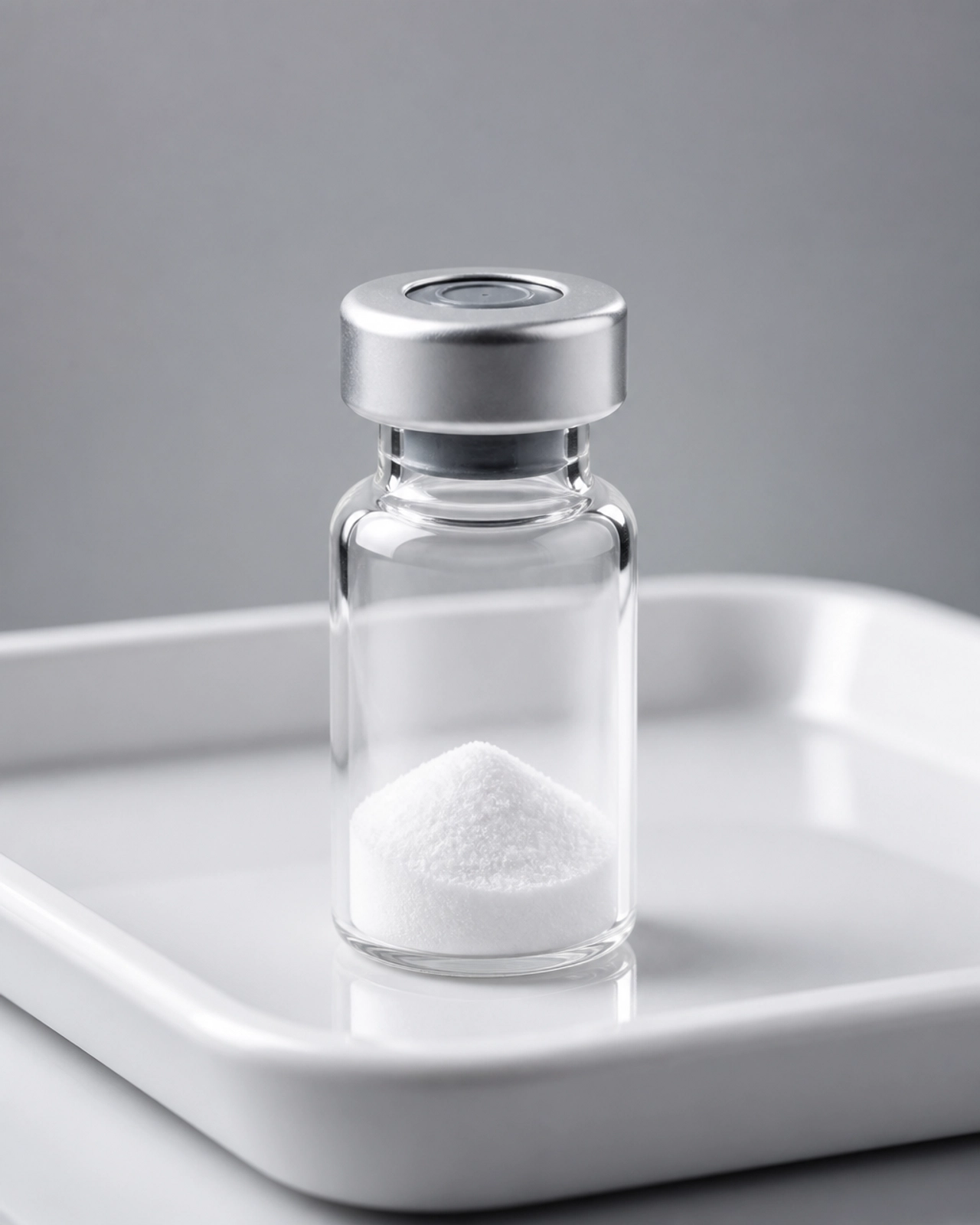 Minimalistic product photography of a glass peptide vial on a clinical tray