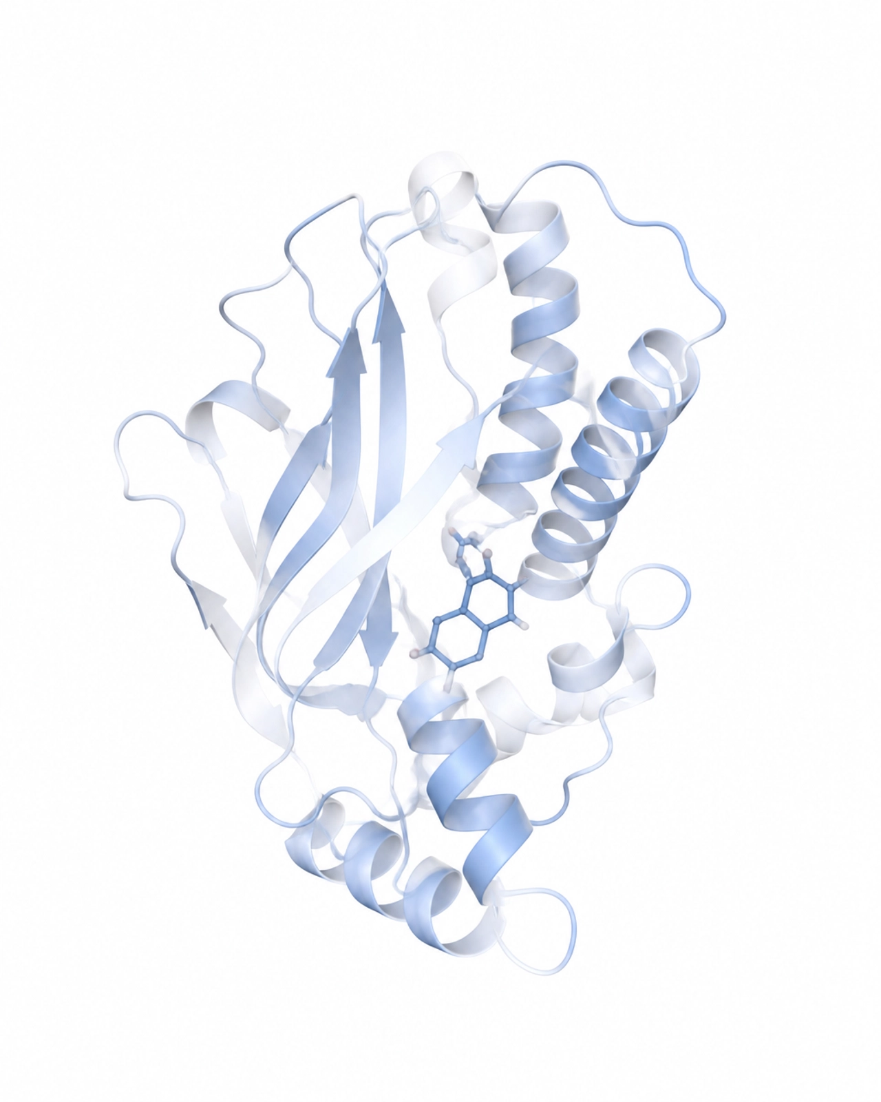 Scientific visualization of a protein structure in soft blue tones