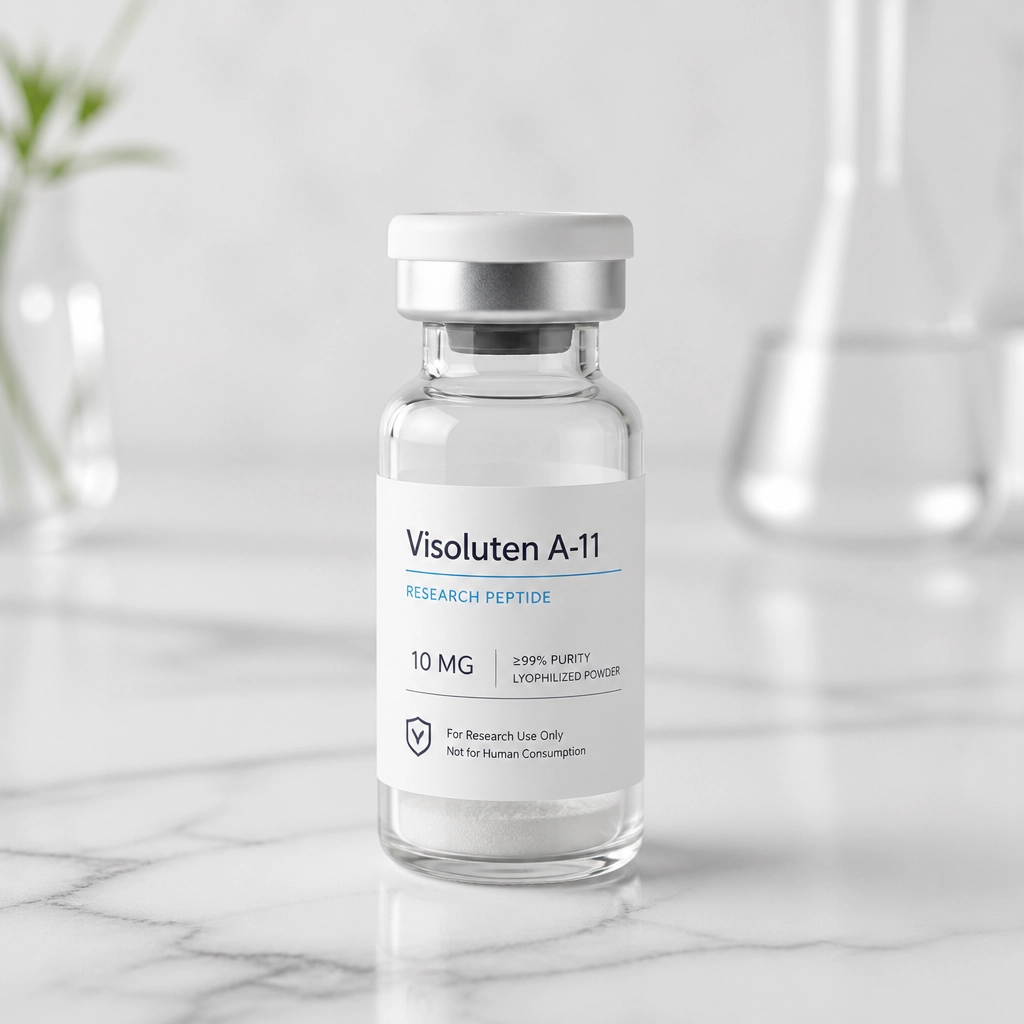 Minimalist clinical product photography of a Visoluten research peptide vial