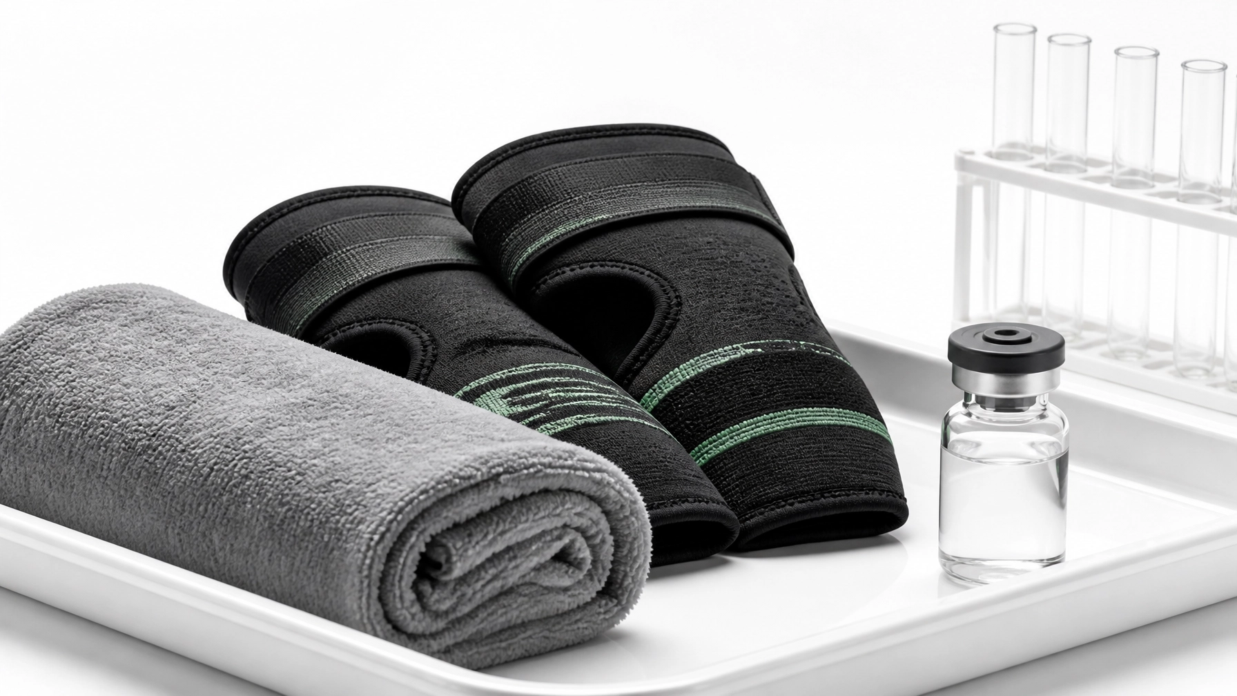 Clinical recovery setting with neutral athletic supports and a research vial